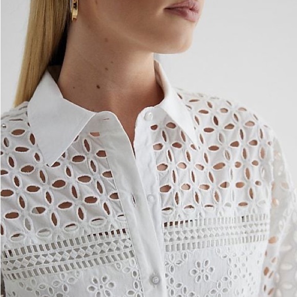 Express Ivory Eyelet Lace Button-Front Shirt - slightly oversize. Size S - Picture 2 of 10
